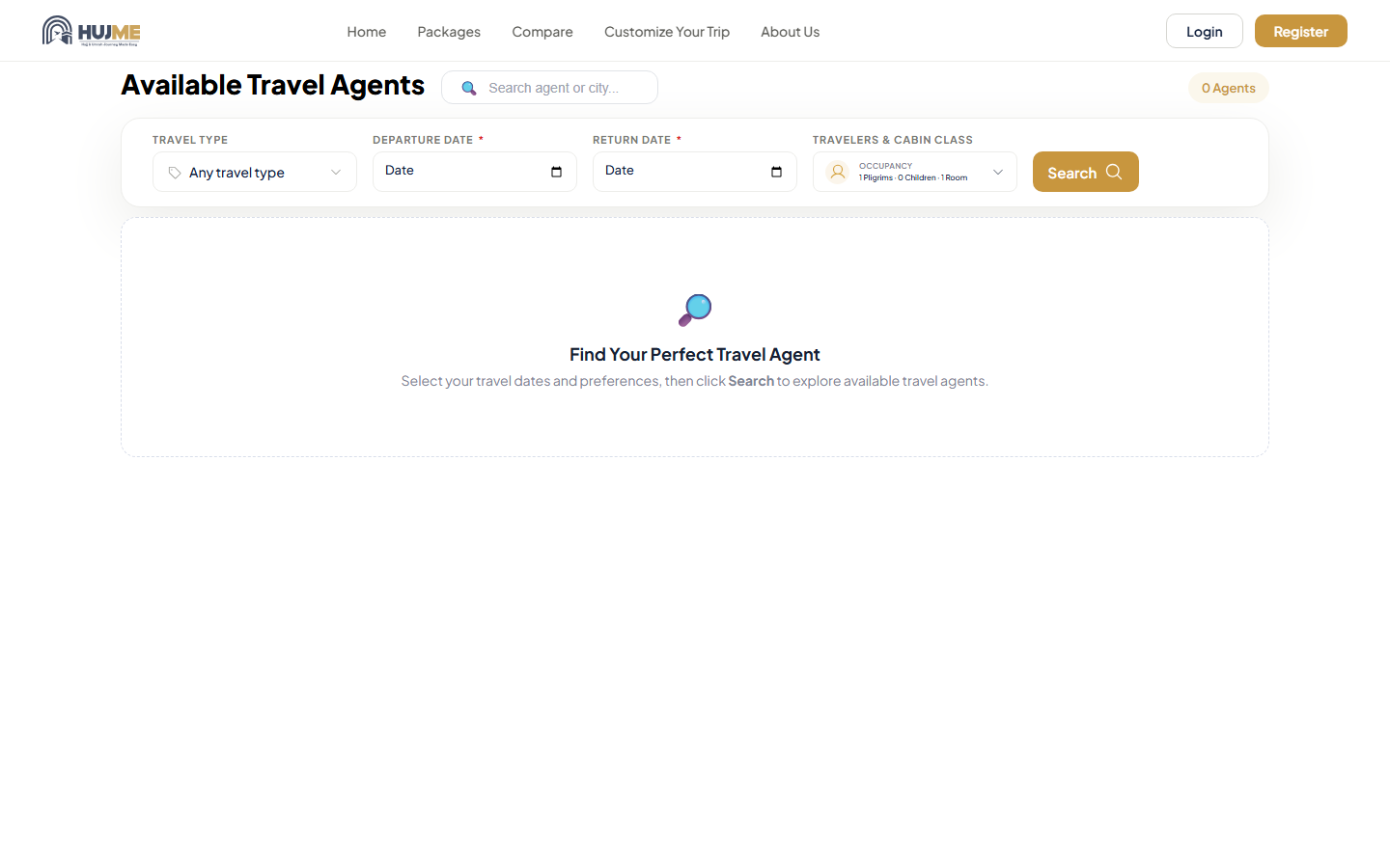 HUJME.COM Customize Your Trip page with travel type, departure and return dates, and traveler occupancy